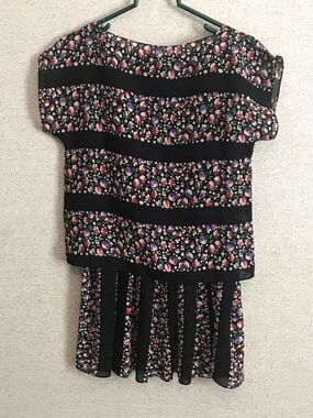 Maggy London Black Pink Purple Floral Stripe Skirt Set Vintage 90s Size 4